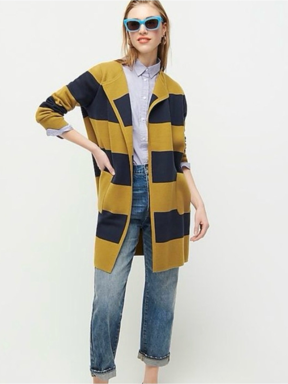 J.Crew Striped Merino Wool Blend Open Front Cardigan Mustard Navy S